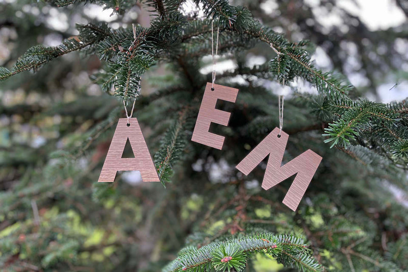 Drei Buchstaben Weihnachtsbaumanhänger aus Walnussholz hängend an einem Baum - A, E, M