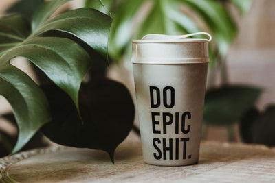 To Go Kaffeebecher mit einer Monstera Pflanze im Hintergrund