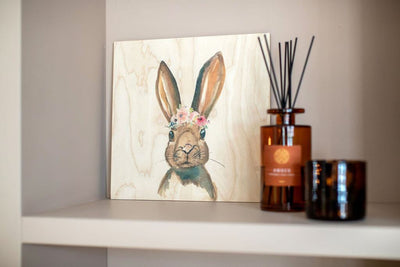 Waldwunder Hase lehnend in einem offenen Regal