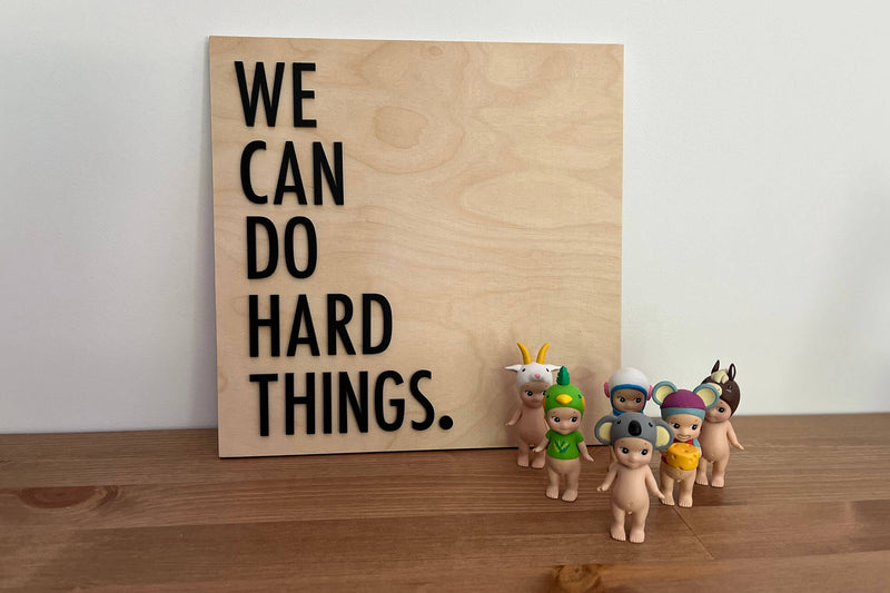 "We can do hard things" in schwarzem Acryl auf Holz mit Deko im Vordergrund