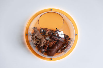 Halbkugel aus klarem Acryl mit transparentem, neonorangem Hintergrund, gefüllt mit Tierspielzeug für Kinder